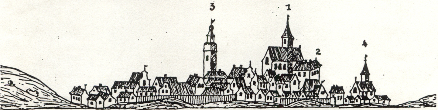 Die Darstellung Mistelbachs auf einer aus dem Jahre 1711 stammenden Federskizze von Friedrich Bernhard Werner, mit folgender Legende: "N: 1 die Pfarrkirchen welche die Michaeler bedienen, 2 ihr Kloster oder Collegio, 3 Platz Thurm, 4 Hospital"