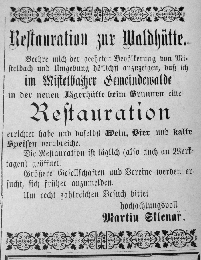 Eröffnungsanzeige der ersten Waldschenke im Mistelbacher Gemeindewald aus dem Jahre 1906