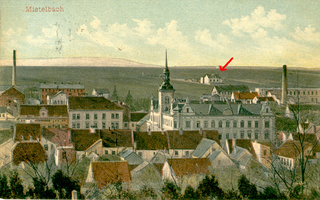 Die "Skyline" Mistelbachs mit Blick Richtung Westen um etwa 1910 - im Hintergrund ist die neue Schießstätte erkennbar.