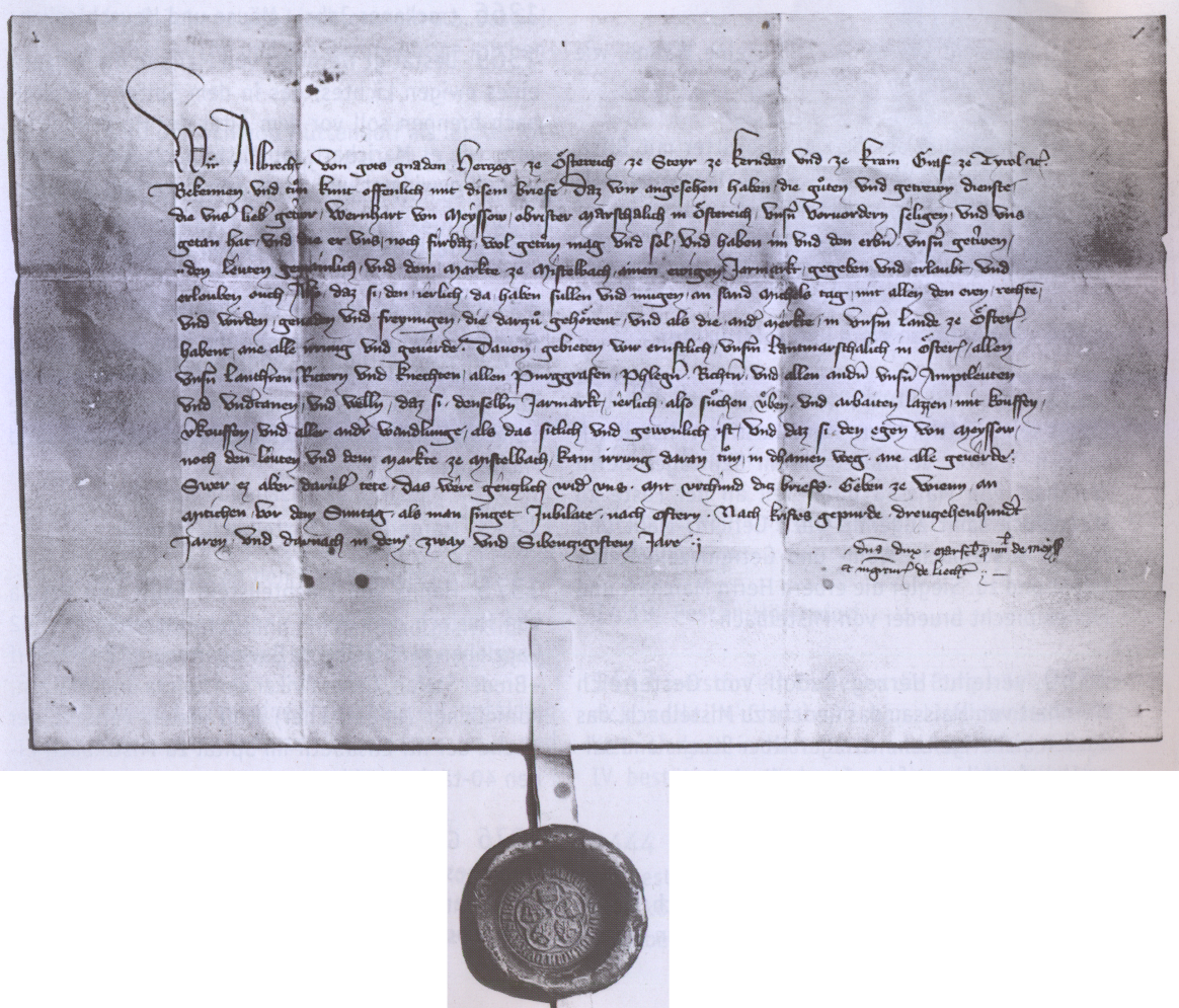 Die Urkunde über den durch Herzog Albrecht III. verliehenen Jahrmarkt befindet sich im StadtMuseumsarchiv