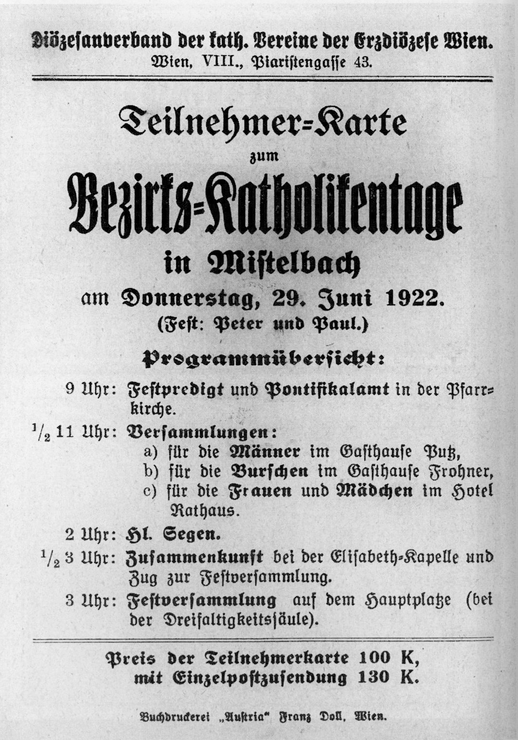Teilnehmerkarte für den Bezirks-Katholikentag in Mistelbach im Jahre 1922