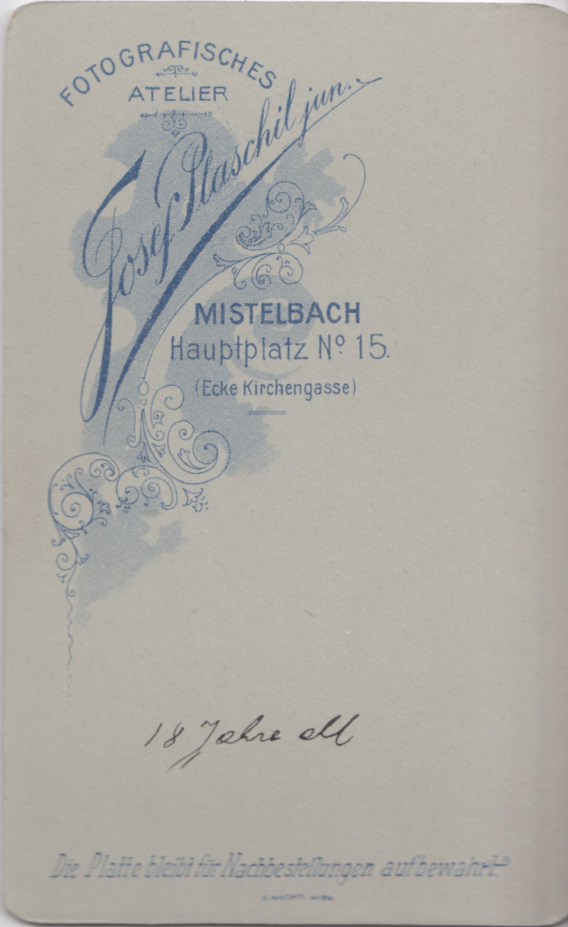 Rückseite einer Hartkartonfotografie von Josef Plaschil jun.